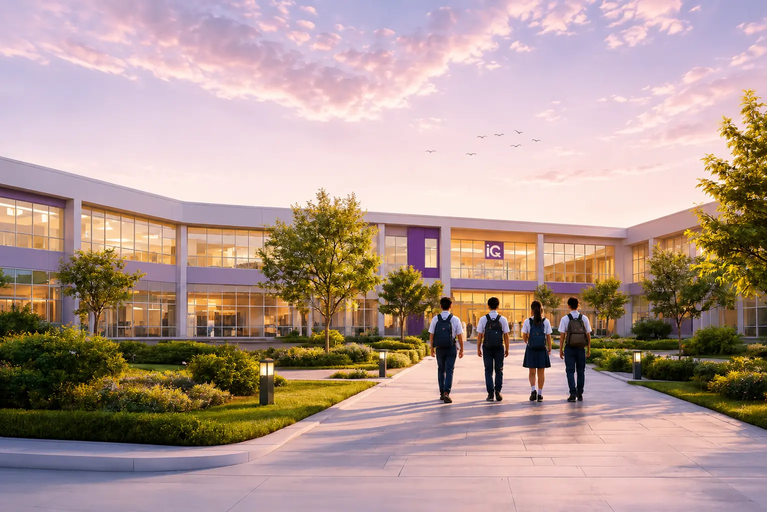 Students walking toward a modern school